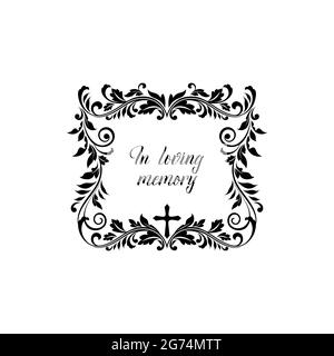 In loving memory condolence message on gravestone isolated lettering. Vector inscription on tombstone, floral border frame with vintage flower ornamen Stock Vector
