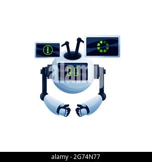 Robot chatbot with digital screens dashboards with data graphics isolated realistic customer service character. Vector cyber android machine, modern t Stock Vector