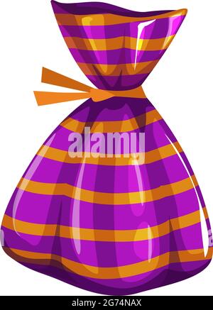 Chocolate candy in glossy paper wrapping isolated Halloween food dessert. Vector confectionery snack, gourmet cocoa dessert wrapped in orange and purp Stock Vector