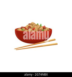 Soy noodles product, soybean meat and vegetables in bowl with chopsticks isolated realistic icon. Vector chinese or japanese food, udon stir fry noodl Stock Vector