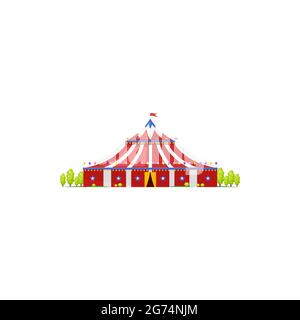 Canopy itinerant chapiteau, old shapito cirque with flag on top isolated icon. Vector red marquee, amusement awning of circus building. Traveling circ Stock Vector