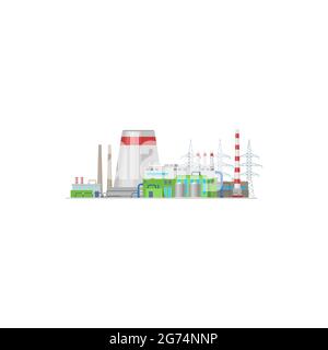 Power plant or energy station and factory towers vector electric industry icon. Power plant nuclear, chemical or thermal factory building with turbine Stock Vector