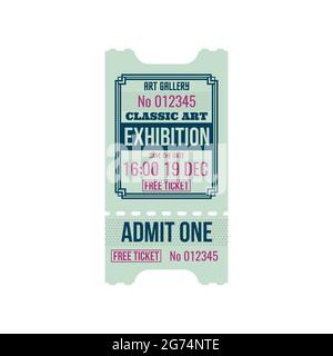 Ticket to classic art exhibition, numbered paper card, free ticket. Vector admit one excursion in museum of modern arts, admission to visit exhibition Stock Vector