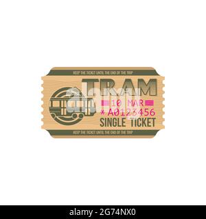Single ticket on city tram isolated paper card. Vector numbered passenger boarding pass on urban transportation wagon. City transport department trave Stock Vector