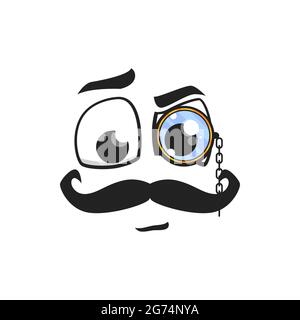 Cartoon face with mustaches and monocle on eye. Vector gentleman or detective character emoji, hipster or victorian style vintage fashion isolated on Stock Vector