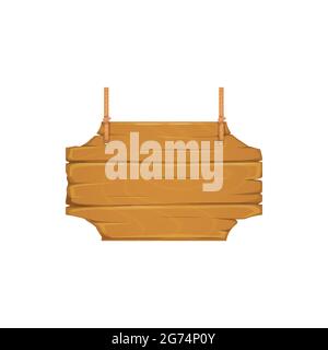 Wooden sign board on ropes isolated realistic icon. Vector cartoon plaque, hanging pointer signpost. Retro billboard, wood plank timber panel, hanging Stock Vector