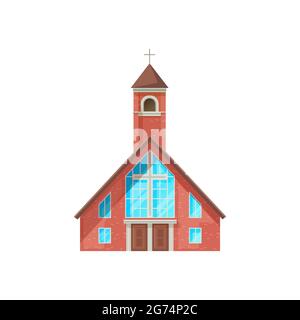Catholic church building vector icon. Cathedral, chapel and monastery facade of red brick and cross on tower. Medieval church exterior, christian reli Stock Vector