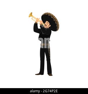 Mariachi mexican musician playing on trumpet. Vector spanish man in black costume and sombrero hat playing on musical instrument. Cartoon character la Stock Vector