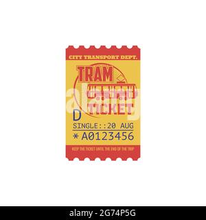 Single ticket on tram class D, control line. Vector retro one trip paper coupon with perforated cut line. Boarding on tram ticket control with date, c Stock Vector