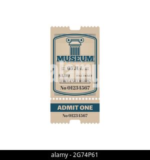 Full ticket to city history museum isolated coupon. Vector admit one with free excursion, vintage coupon with antique historical building. Exhibition Stock Vector