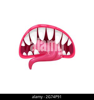 Monster mouth vector icon, creepy yelling beast jaws with sharp teeth with splashing saliva and long tongue. Angry creature roar maw isolated on white Stock Vector