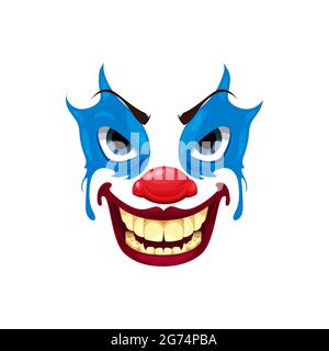 Scary clown face vector icon, Halloween funster character. Emoticon mask with makeup, red nose, angry eyes and creepy smile with sharp teeth, isolated Stock Vector