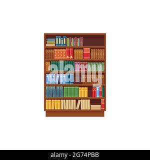 Bookcase vector icon, cartoon library shelf with books, wooden storage with colorful textbooks, literature bookstore isolated on white background. Sci Stock Vector