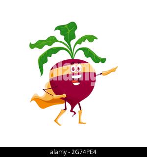 Cartoon beetroot super hero character isolated vector icon. Funny fairytale vegetable in cape and mask, healthy food, vitamin superhero personage in c Stock Vector