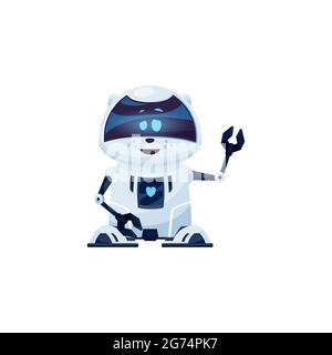 Cartoon robot cat vector cyborg character, toy or bot, artificial intelligence technology. Friendly ai humanized robot pet with digital glow muzzle an Stock Vector