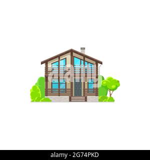 Modern house with windows, wooden chalet or villa flat cartoon icon. Vector real estate building on rent or sale. Facade of modern home, planted trees Stock Vector