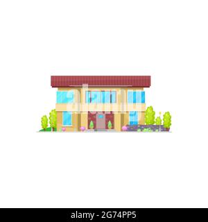 Cottage house facade exterior isolated cartoon building. Vector real estate cottage, country house with green trees and potted plants in yard. City st Stock Vector
