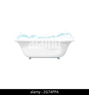 Bathtub bathroom interior object, home toilet furniture isolated realistic icon. Vector washing water basin with foamy soap, bath with white bubbles a Stock Vector