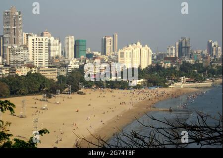 Mumbai; Maharashtra; India- Asia; March; 2015 : Aerial view of Girgaon chowpatty and Bombay skyline; skyscraper Stock Photo