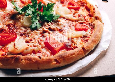 Tasty pizza in delivery box, close up Stock Photo