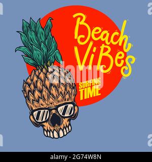 Beach vibes. Pineapple skull with sunglasses. Design element for poster, card, banner, sign, emblem. Vector illustration Stock Vector