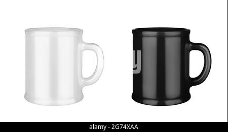 Black and white ceramic cups set white background isolated closeup, 2 mugs with handle, blank drinking glasses, beverage, ceramics, porcelain, utensil Stock Photo