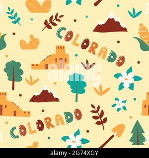 USA collection. Vector illustration of Colorado theme. State Symbols - seamless pattern Stock Vector
