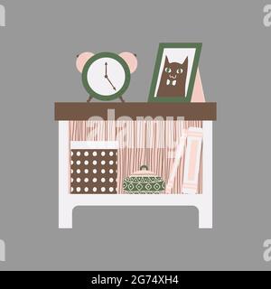 Clip art of nightstand with books, clock and chest in scandinavian style. Vector clip art of bedside table in cartoon style. Cozy furniture for home. Stock Vector