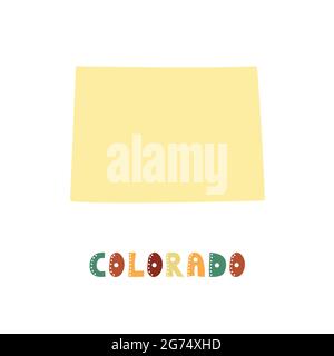 Colorado map isolated. USA collection. Map of Colorado - yellow silhouette. Doodling style lettering on white Stock Vector