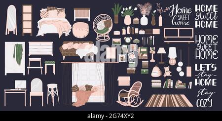 Vector set of bedroom with stylish cozy furniture and modern home decorations in trendy Scandinavian style with handwritten quote. Flat cartoon vector Stock Vector