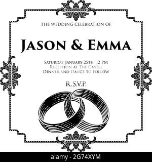 Wedding Band Rings Intertwined Woodcut Invite Stock Vector