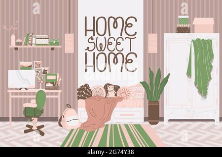 Workplace interior with slogan home sweet home, hand drawn illustration in cartoon flat style. Home workspace cute concept in Scandinavian style. Hori Stock Vector