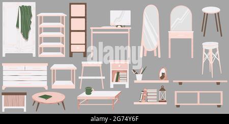 Vector set of living room with stylish cozy furniture and modern home decorations in trendy Scandinavian style. Flat cartoon vector illustration set o Stock Vector