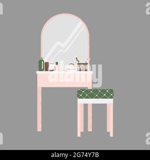 Bedroom furniture - dressing table with mirror and cosmetics in flat cartoon style. Cute vanity table in Scandinavian style. Vector illustration isola Stock Vector
