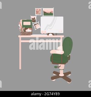 Home workplace - desk with monitor and stationery, armchair and home decor elements. Furniture for workspace. Vector clip art Isolated on grey backgro Stock Vector