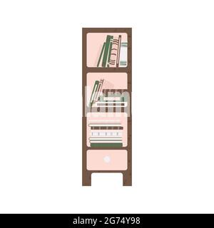 Furniture - bookshelf in flat cartoon style. Cute bookcase in Scandinavian style. Vector illustration isolated on white background. Stock Vector