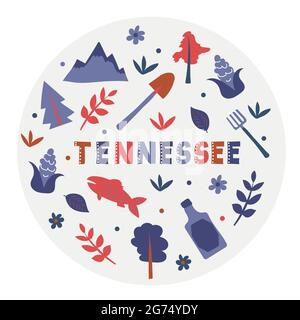 USA collection. Vector illustration of Tennessee. State Symbols - round shape Stock Vector