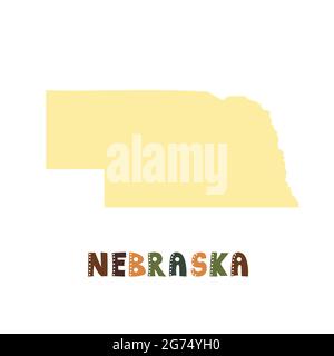 Nebraska map isolated. USA collection. Map of Nebraska - yellow silhouette. Doodling style lettering on white Stock Vector