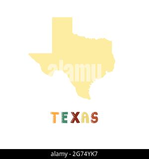 Texas map isolated. USA collection. Map of Texas - yellow silhouette. Doodling style lettering on white Stock Vector
