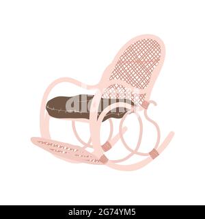 Clip art of cozy wicker rocking chair with pillow in scandinavian style. Vector clip art of retro wicker armchair in cartoon style. Cozy furniture for Stock Vector