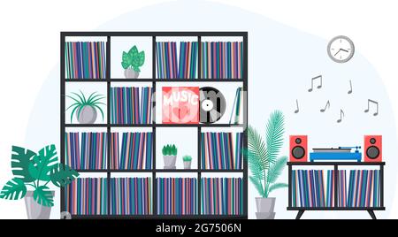 Vinyl collection on shelves and turntable playing vinyl record. Stacks of music records in sleeves. Interior with home plants and retro audio device Stock Vector