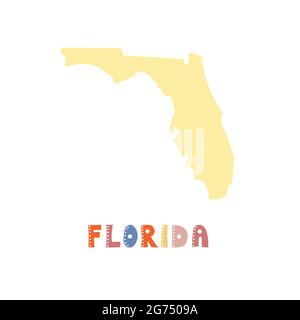 Florida map isolated. USA collection. Map of Florida - yellow silhouette. Doodling style lettering on white Stock Vector