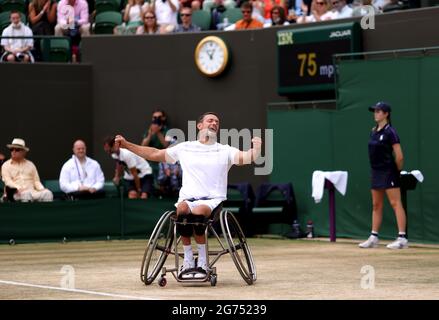 Joachim Gerard celebrates after winning his Gentlemen's Wheelchair Singles Final against Gordon Reid on court 3 on day thirteen of Wimbledon at The All England Lawn Tennis and Croquet Club, Wimbledon. Picture date: Sunday July 11, 2021. Stock Photo