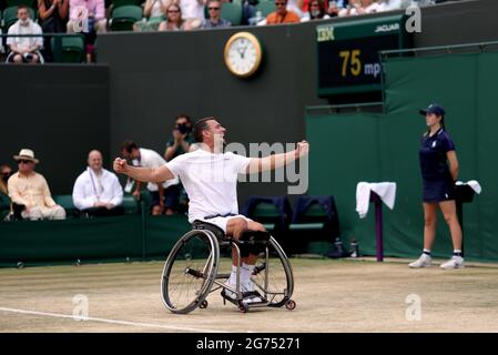 Joachim Gerard celebrates after winning his Gentlemen's Wheelchair Singles Final against Gordon Reid on court 3 on day thirteen of Wimbledon at The All England Lawn Tennis and Croquet Club, Wimbledon. Picture date: Sunday July 11, 2021. Stock Photo