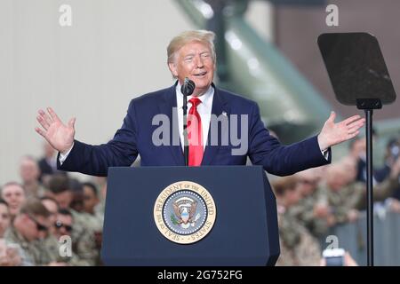 June 30, 2019-Osan, South Korea-US President Donald Trump speech addresses after arrives during the US military meeting event at Osan Military Airbase, South Korea. Stock Photo