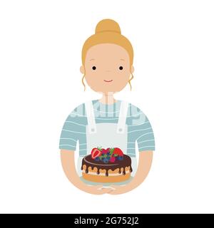 Cute girl cook, with a cake. Vector illustration Stock Vector