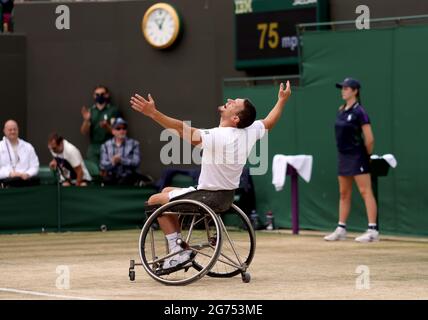Joachim Gerard celebrates winning his Gentlemen's Wheelchair Singles Final against Gordon Reid on court 3 on day thirteen of Wimbledon at The All England Lawn Tennis and Croquet Club, Wimbledon. Picture date: Sunday July 11, 2021. Stock Photo
