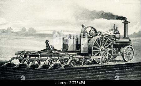 This 1899 illustration shows a steam plow in Dakota. efore tractors were developed in the early twentieth century, steam ploughing was the first method of mechanized ploughing and cultivating, though nearly all ploughing was still done with horses. Steam ploughing involved two steam traction engines, each with a drum carrying cable suspended beneath its boiler. Stock Photo
