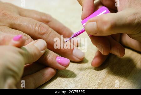 A manicurist applies pink gel shellac nail polish with a brush on a client's nails in a beauty salon. Spa treatments. Women's hands and fingers at the Stock Photo