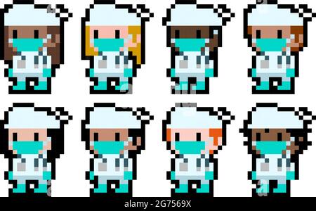 Set of diverse pixel medical professionals - vector, isolated Stock Vector